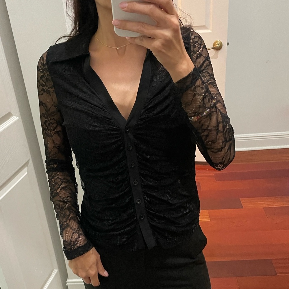 Aqua Black Lace Long Sleeve Blouse